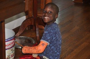 The plan--hatched between PJ and Dad--was for him to pick red--for the Chicago Bulls, of course. But PJ saw the BRIGHT orange and was hooked.  So Dave drew a Bears symbol on instead!